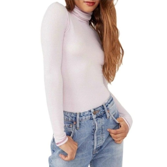 Free People Hi Hon Ribbed Turtleneck Top In Lilac Size L Stitched Intimately FP - Picture 1 of 5